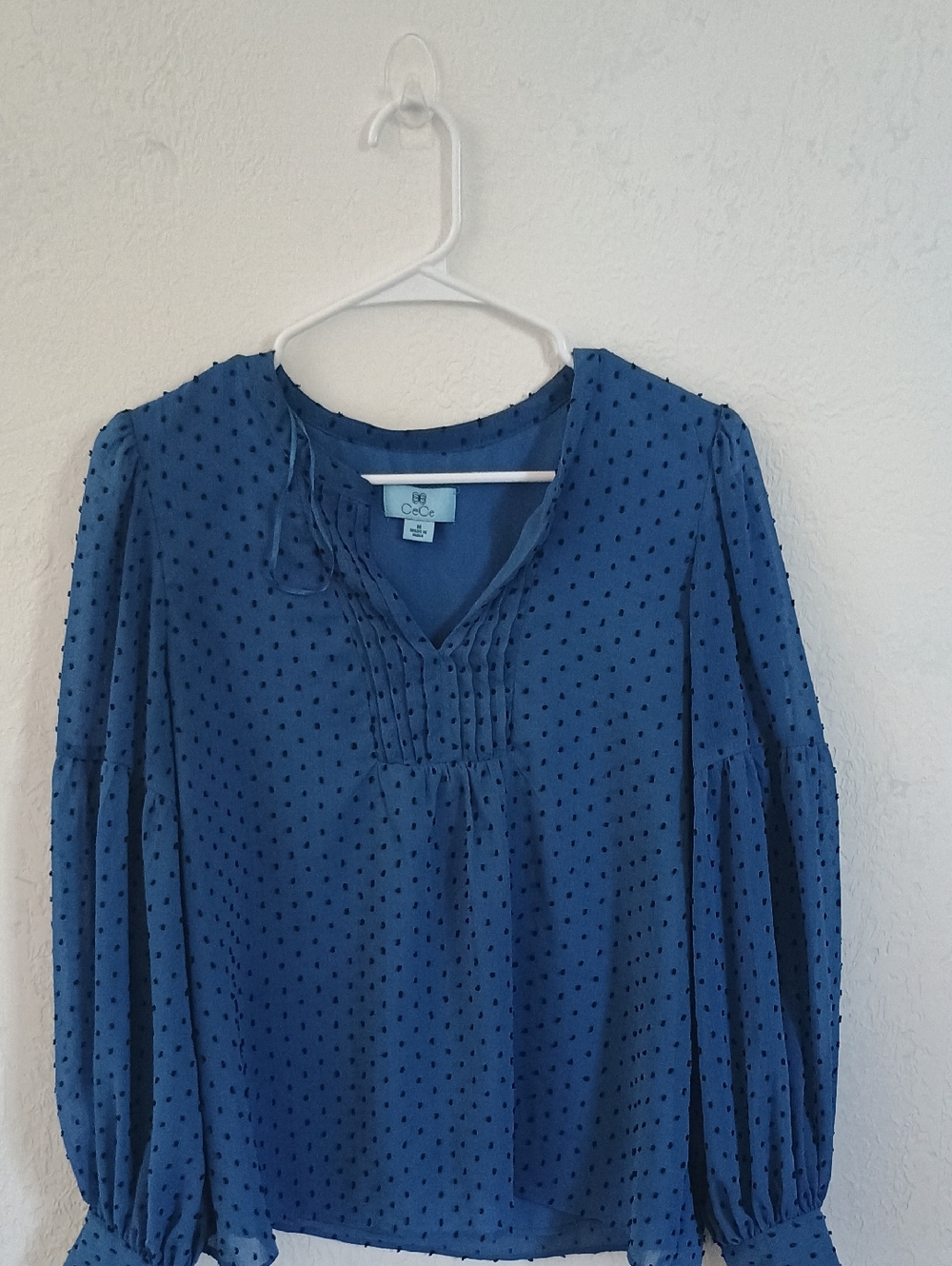 CeCe Navy Blue Swiss Dot V-Neck Long Sleeve Blouse